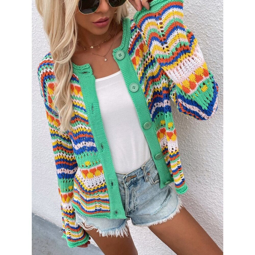 Bright Chevron Stripe Openwork Knit Button Front Long Sleeve Retro Cardigan